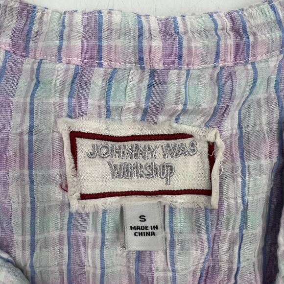 Johnny Was Malo Embroiderd Tunic Plaid Cotton Top Lilac Floral - Picture 3 of 9